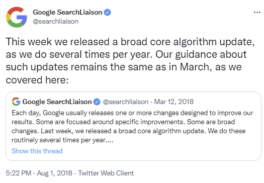 لقطة شاشة لتغريد بحث Google Liaison من أغسطس 2018