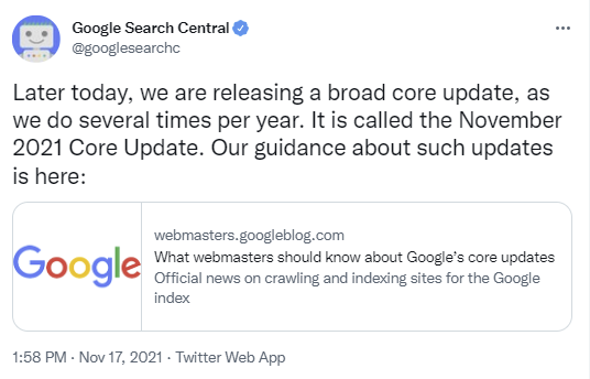 لقطة شاشة لتغريدة Google Search Central من نوفمبر 2021