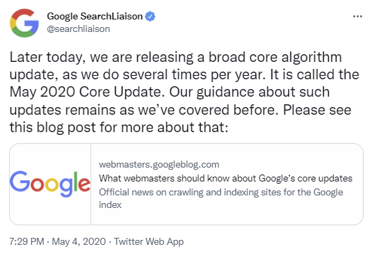 لقطة شاشة لتغريدة بحث Google Liaison من كانون الأول (ديسمبر) 2020