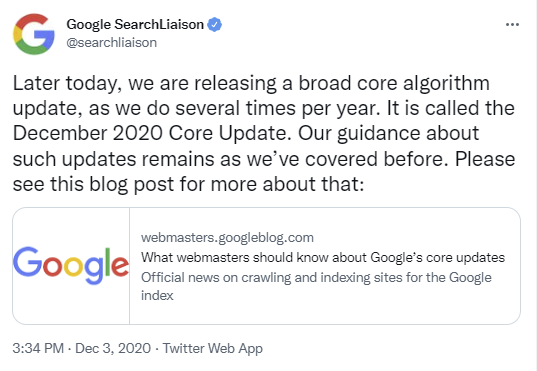 لقطة شاشة لتغريدة بحث Google Liaison من كانون الأول (ديسمبر) 2020