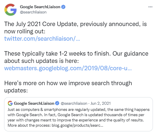 لقطة شاشة لتغريدة من Google Search Liaison من يوليو 2021