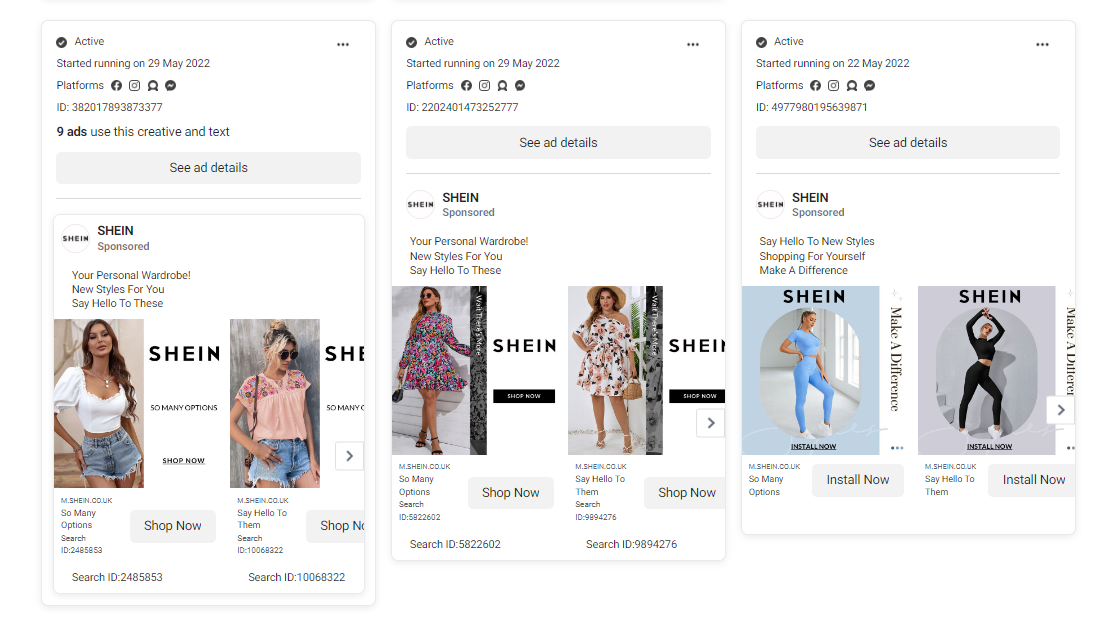 ภาพหน้าจอของโฆษณา SHEIN บนไลบรารีโฆษณาเมตา