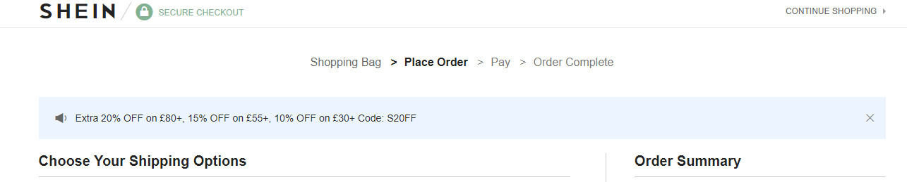 ภาพหน้าจอของรหัสส่วนลดในหน้าชำระเงิน SHEIN