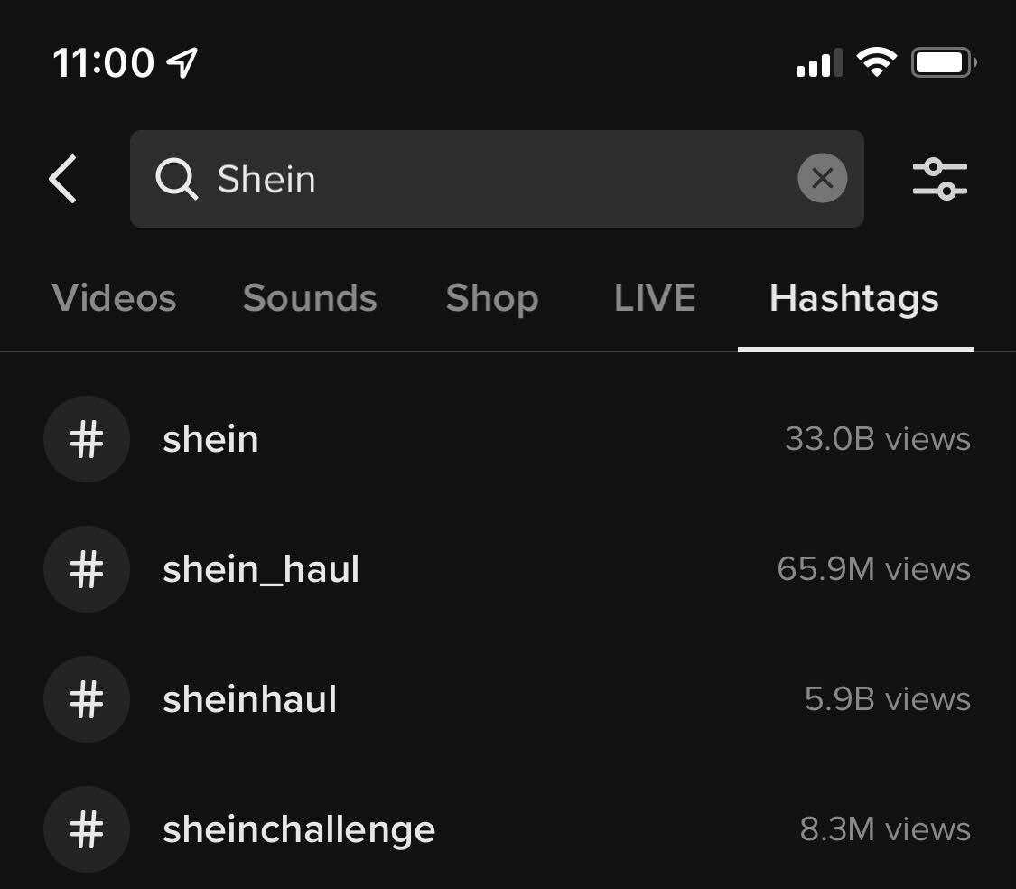 สกรีนช็อตของแฮชแท็ก Shein บน TikTok