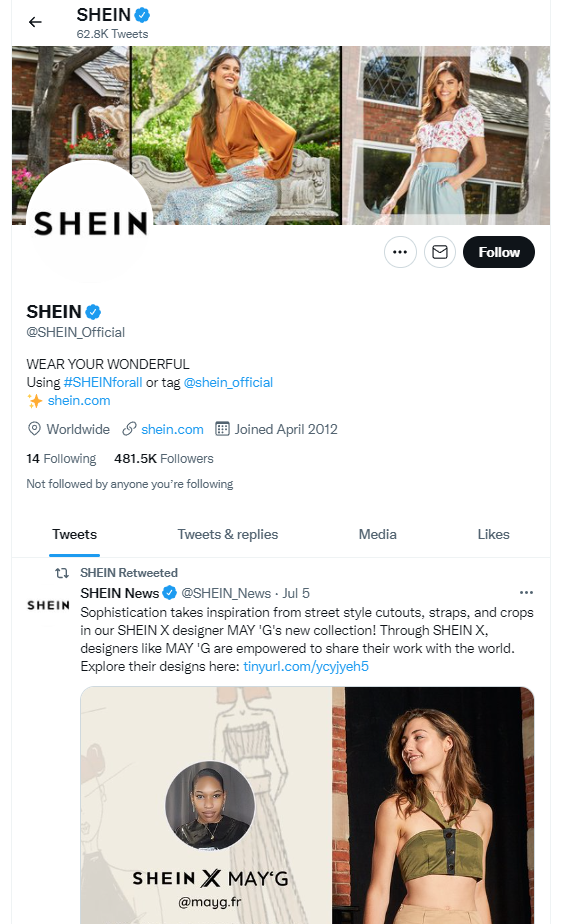 ภาพหน้าจอของบัญชี Twitter ของ SHEIN