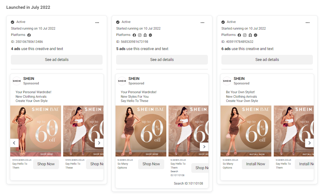 ภาพหน้าจอของโฆษณา SHEIN สามรายการในไลบรารีโฆษณา Meta