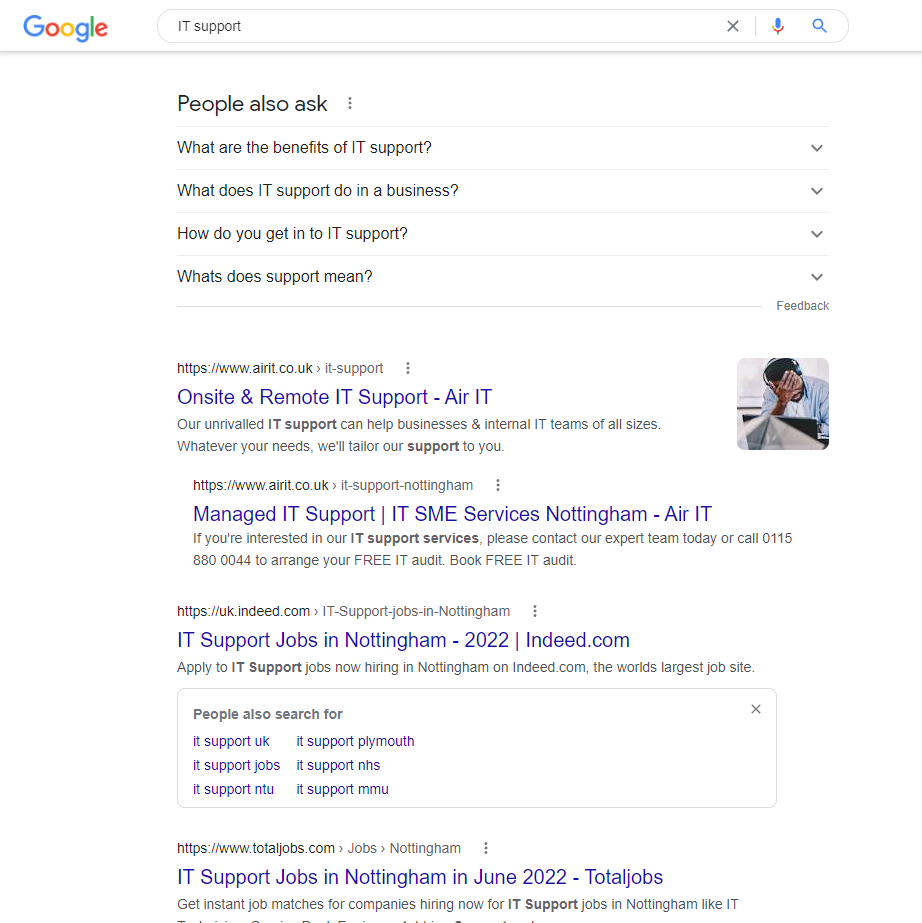 Résultats de recherche Google organiques pour le support informatique