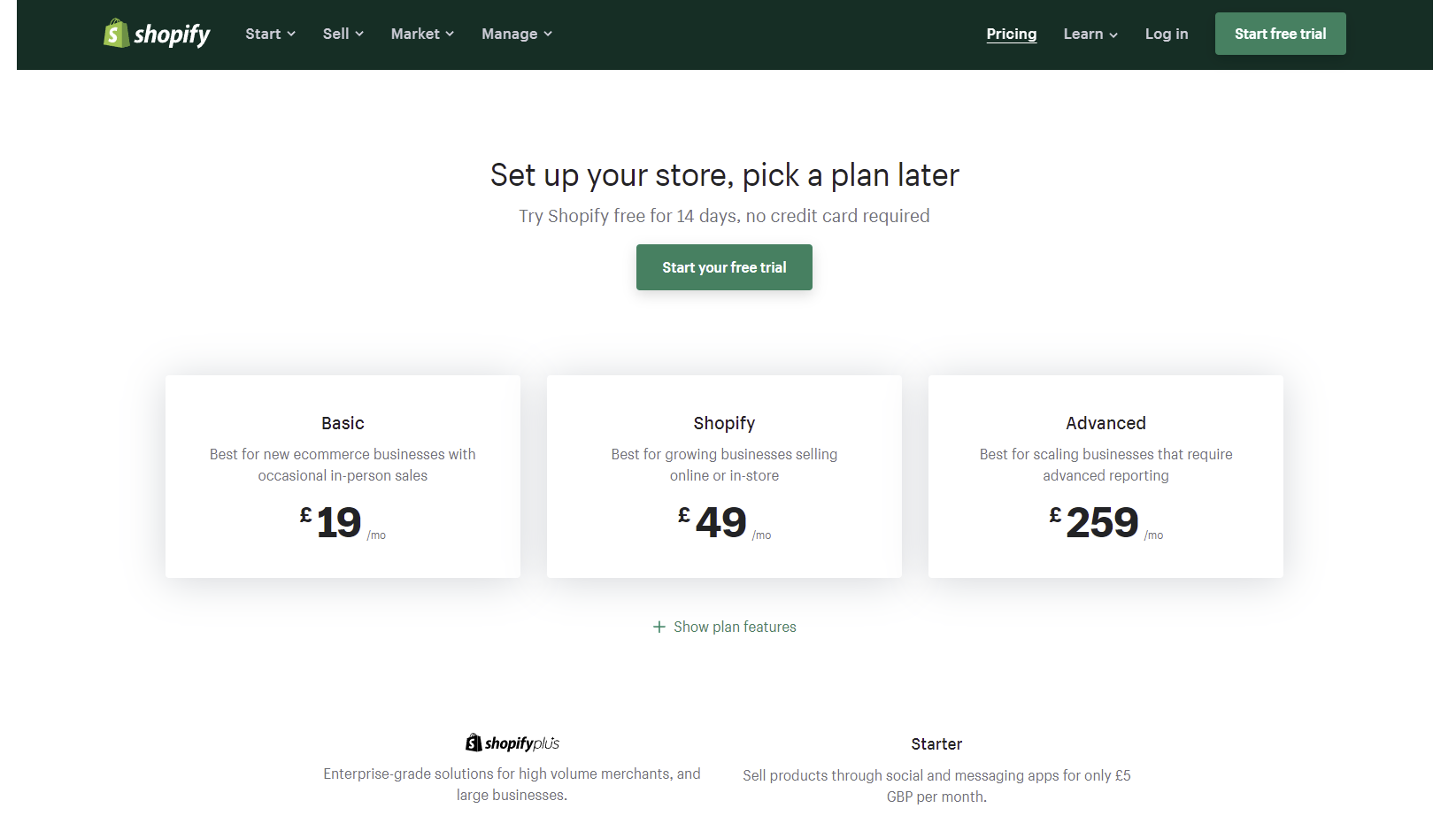 Capture d'écran des plans de Shopify