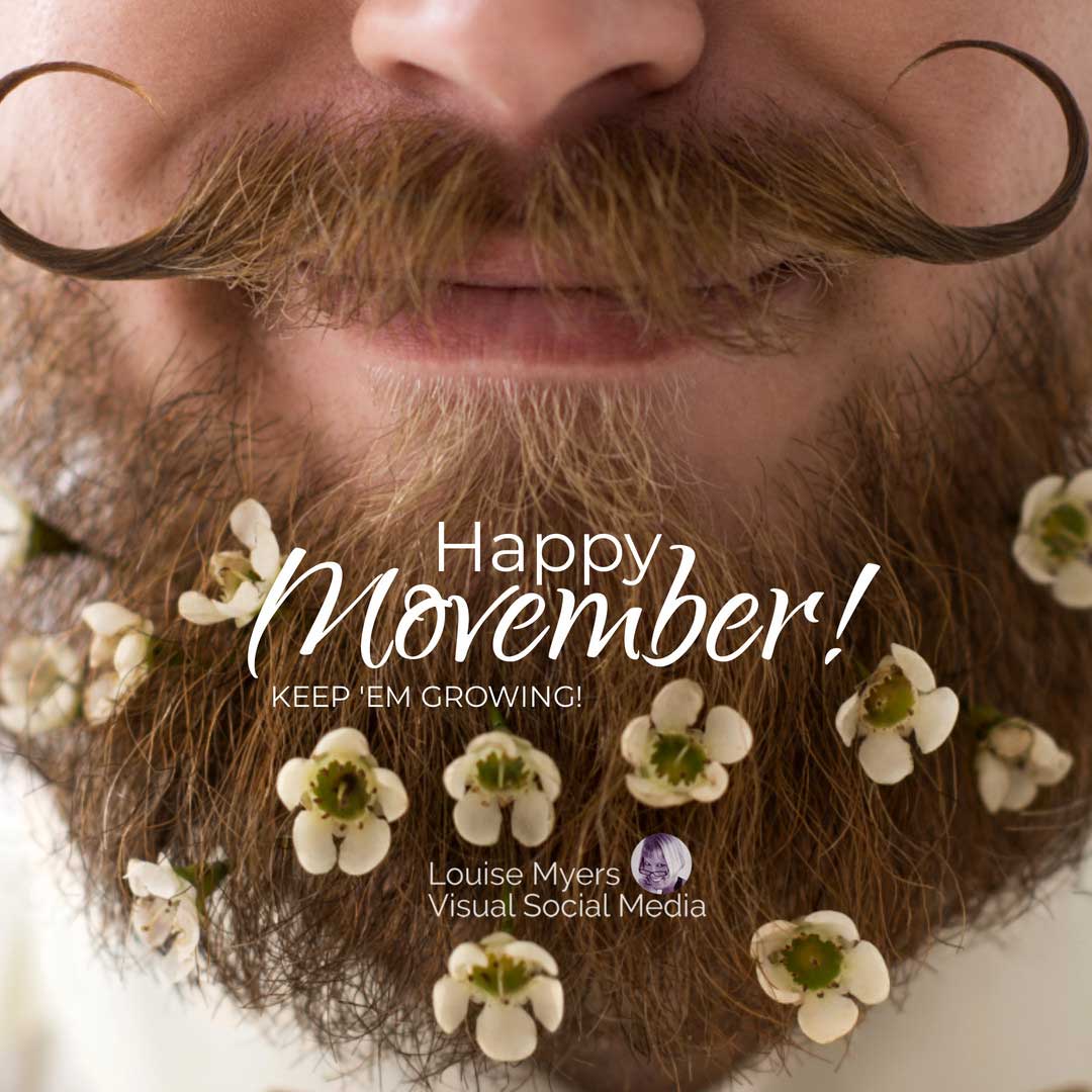 un prim-plan al mustaței ghidonului și al bărbii cu flori spune happy movember.