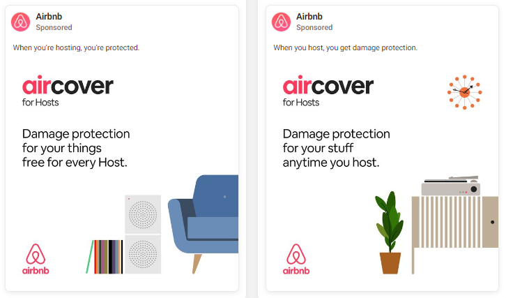 ภาพหน้าจอของโฆษณา Airbnb สองรายการในคลังโฆษณา Meta