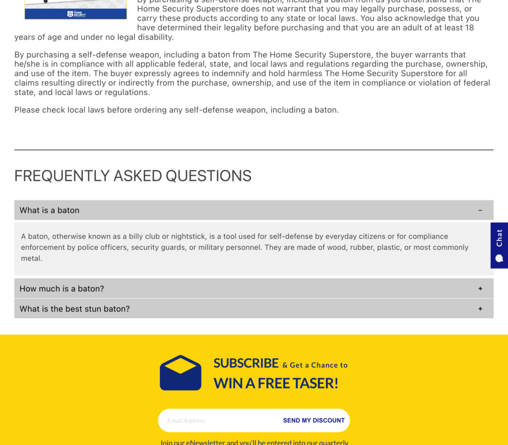 La FAQ de Home Security Superstore avec des questions comme "qu'est-ce qu'un bâton"
