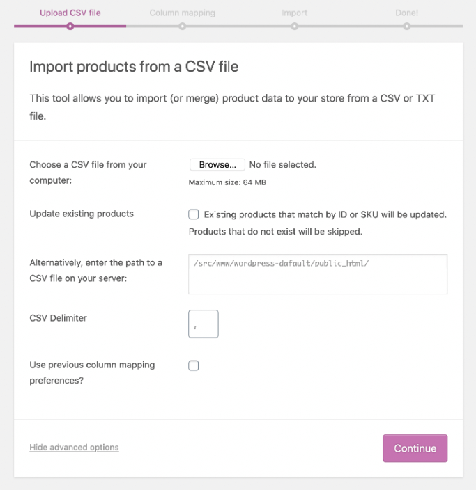 لقطة شاشة لأداة استيراد CSV لمنتج WooCommerce.