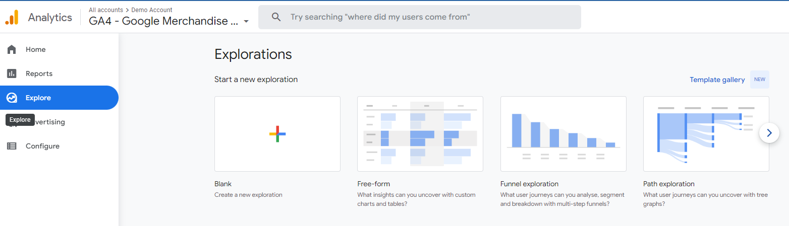 لقطة شاشة لأنواع الاستكشاف في Google Analytics 4. يتم الوصول إلى قسم الاستكشاف من القائمة الموجودة على الجانب الأيسر ، عن طريق النقر فوق "استكشاف". في لقطة الشاشة هذه ، يعد استكشاف المسار هو الخيار الرابع في صفحة الاستكشافات ، في أقصى اليمين