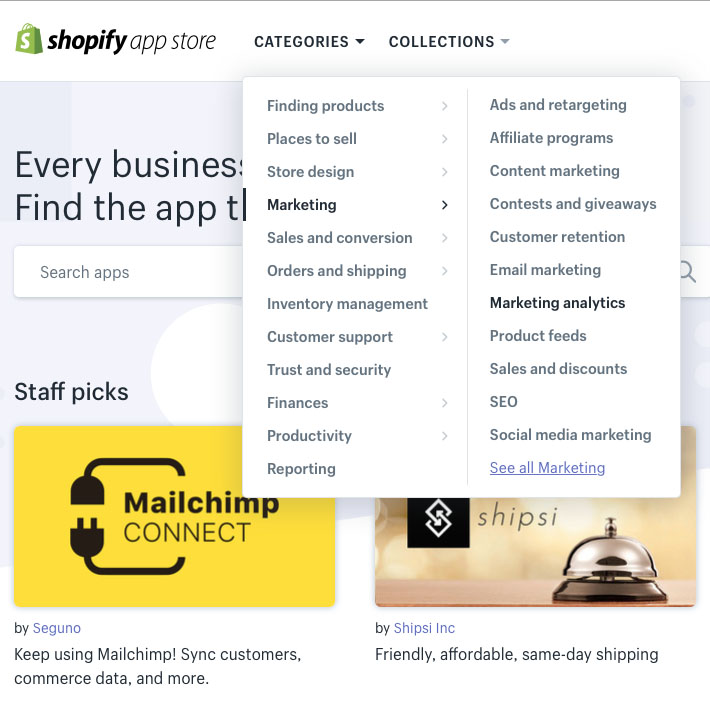 Shopify Категории магазина приложений