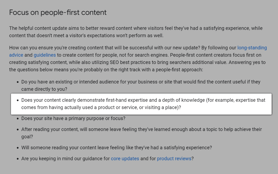 Tangkapan layar dari pertanyaan, "Apakah konten Anda dengan jelas menunjukkan keahlian langsung dan kedalaman pengetahuan (misalnya, keahlian yang berasal dari penggunaan produk atau layanan, atau mengunjungi suatu tempat)?".