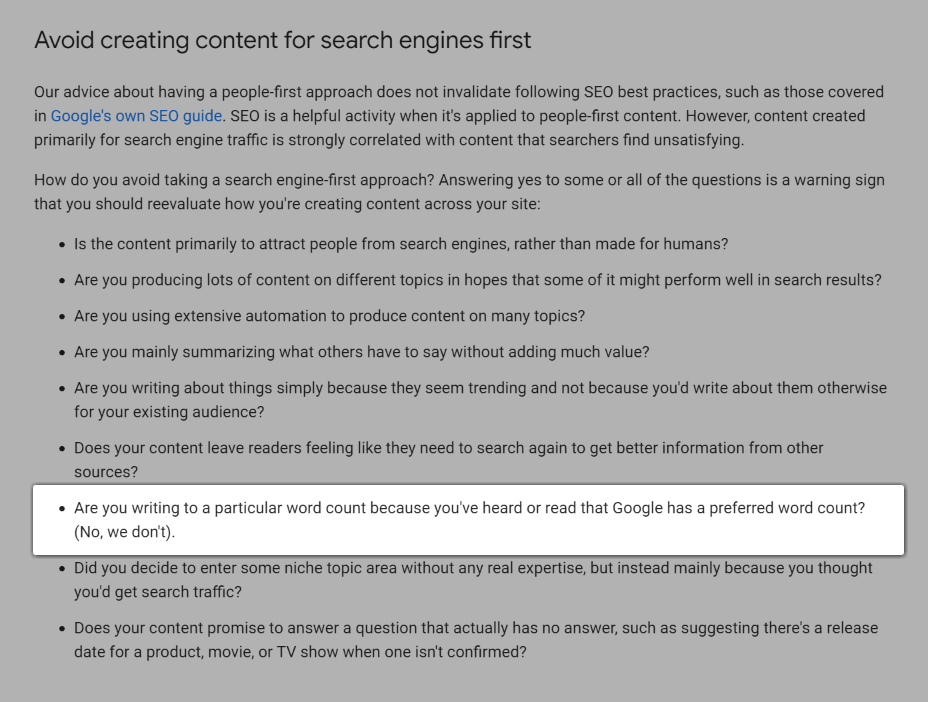 Tangkapan layar dari pertanyaan, "Apakah Anda menulis ke jumlah kata tertentu karena Anda pernah mendengar atau membaca bahwa Google memiliki jumlah kata yang disukai? (Tidak, kami tidak)".