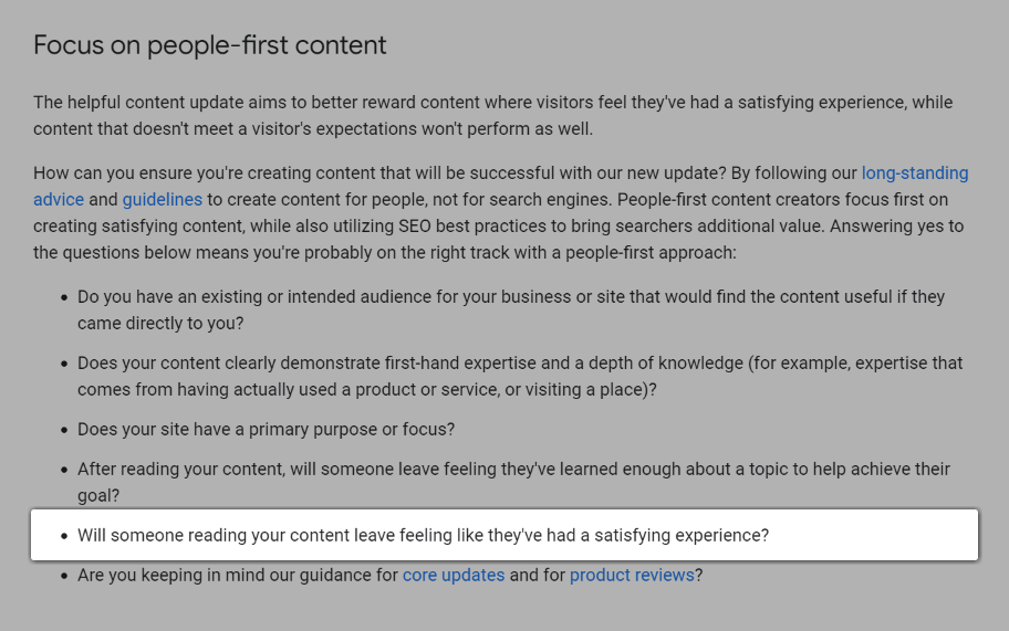 Tangkapan layar dari pertanyaan, "Apakah seseorang yang membaca konten Anda akan merasa telah mendapatkan pengalaman yang memuaskan?".