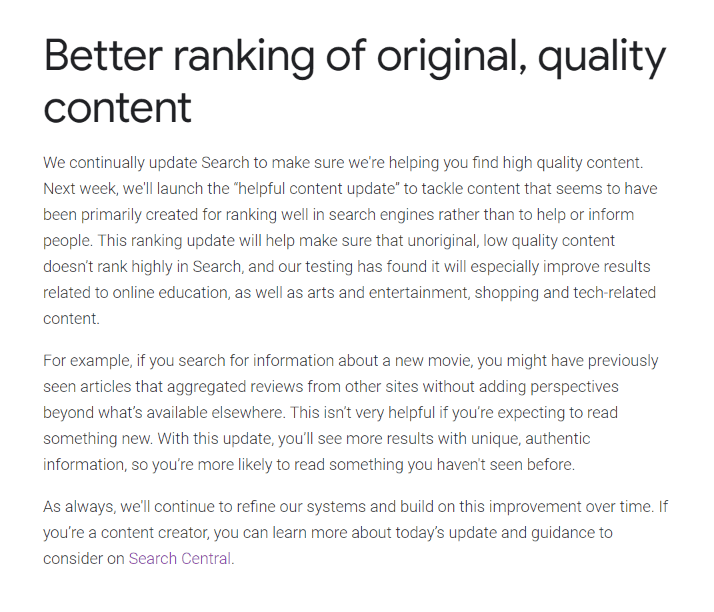 Tangkapan layar dari pengumuman pembaruan algoritme Konten Bermanfaat Google.
