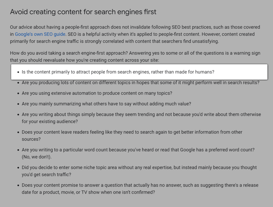 Tangkapan layar dari pertanyaan, "Apakah konten terutama untuk menarik orang dari mesin pencari, daripada dibuat untuk manusia?".