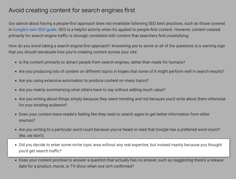 Screenshot of the question, "Did you decide to enter some niche topic area without any real expertise, but instead mainly because you thought you'd get search traffic?".