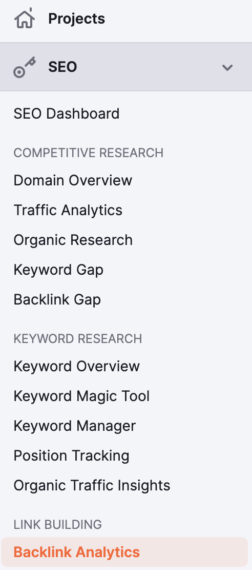 seleccione análisis de backlinks del menú semrush para encontrar la velocidad del enlace