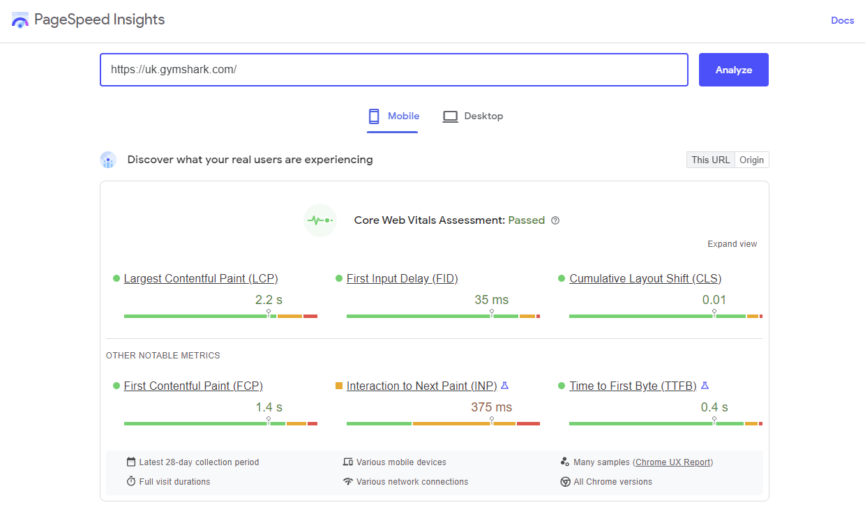 لقطة شاشة لأداة PageSpeed ​​Insights