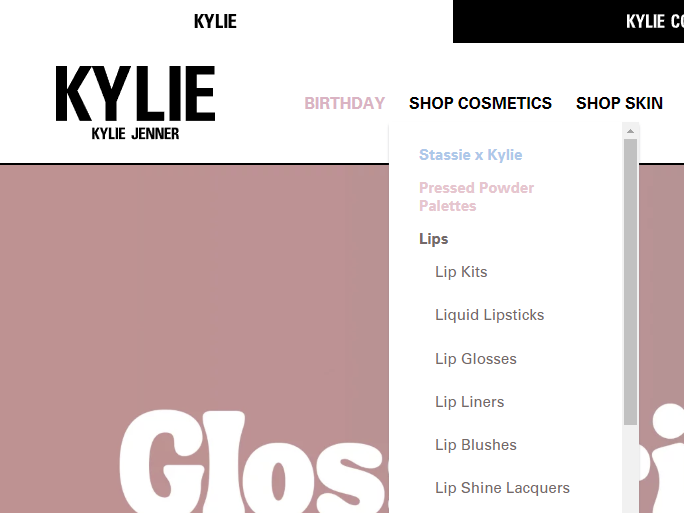 لقطة شاشة للتنقل في الموقع على Kylie Cosmetics