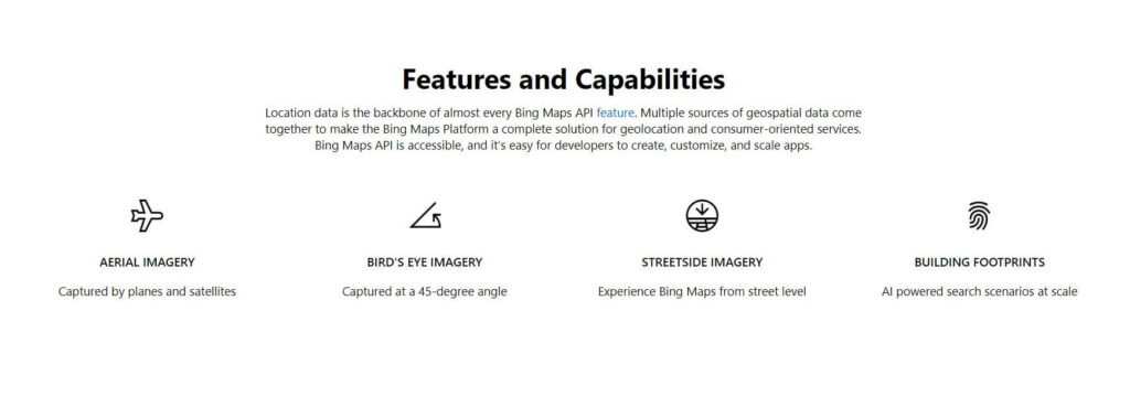 sezione "caratteristiche e capacità" di una pagina dell'API di Bing Maps