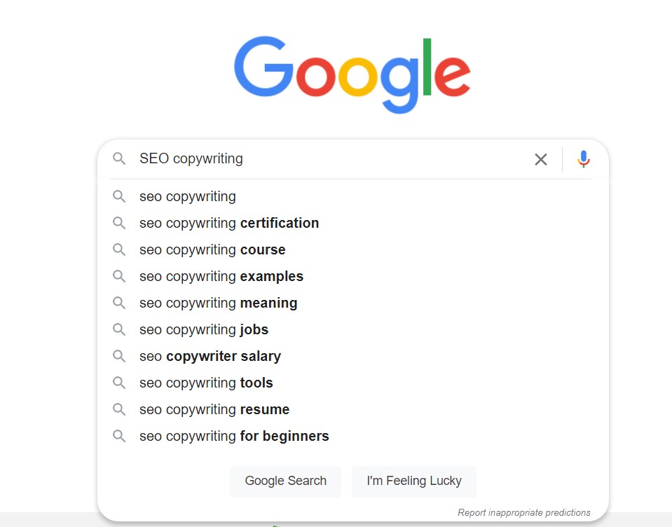 una ricerca su Google sui suggerimenti di "SEO copywriting".