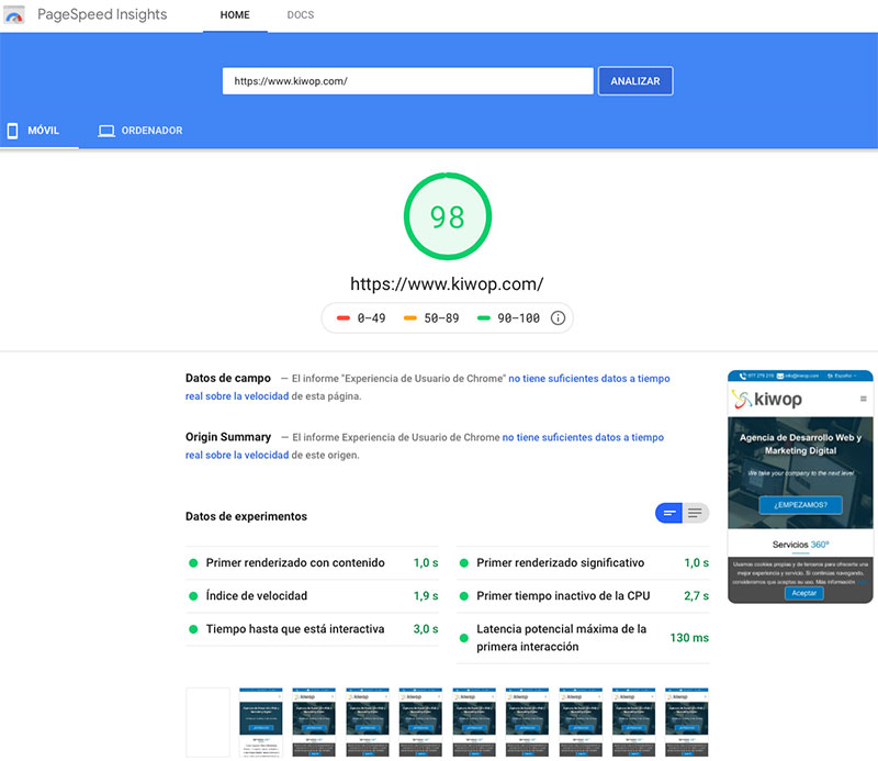 Nota 98 ​​su Google PageSpeed ​​Insights Mobile Kiwop