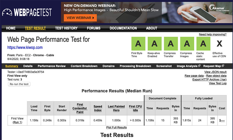 Nota la velocità di test WebPageTest