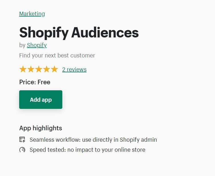 Strona sklepu z aplikacjami Shopify Audiences