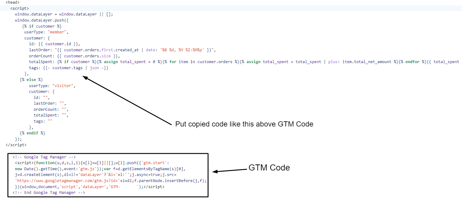 User data script above the GTM code