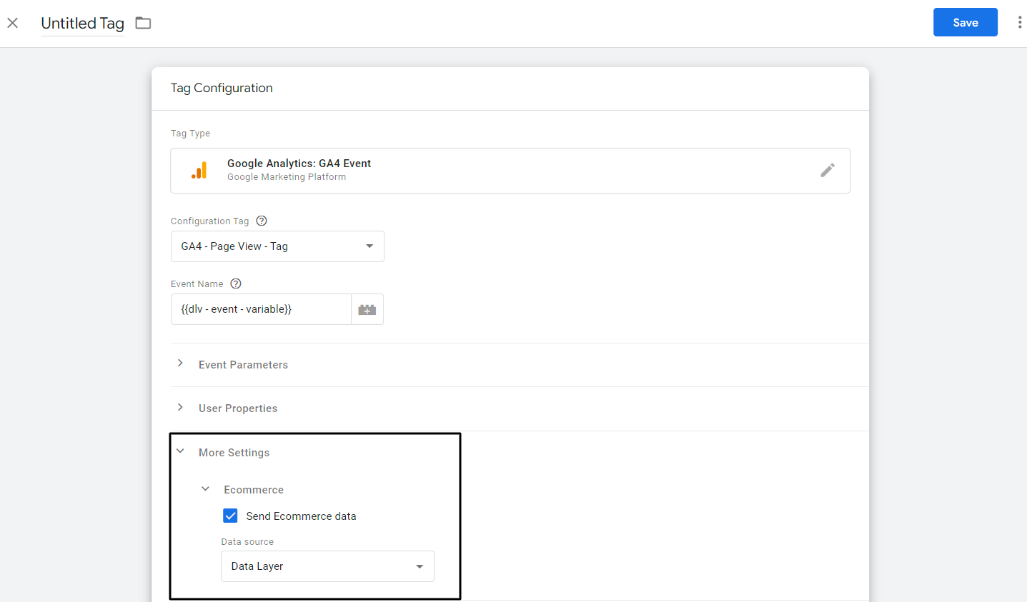 More Settings Send eCommerce Data select Data Layer as datasource