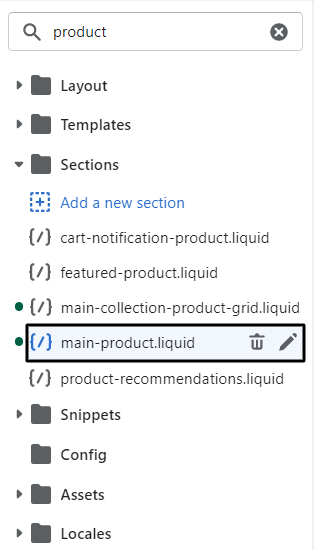 Click on the main-product.liquid under Sections.