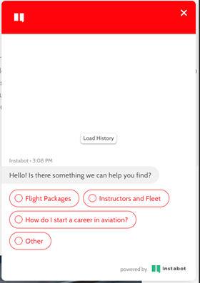 Instabot を利用した航空会社の Web サイトのチャットボットのスクリーン キャプチャ