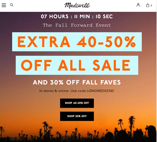 Изображение, рекламирующее событие Madewell Fall Forward Event с дополнительными скидками 40–50 % на все товары со скидкой и 30 % на осенние любимцы.