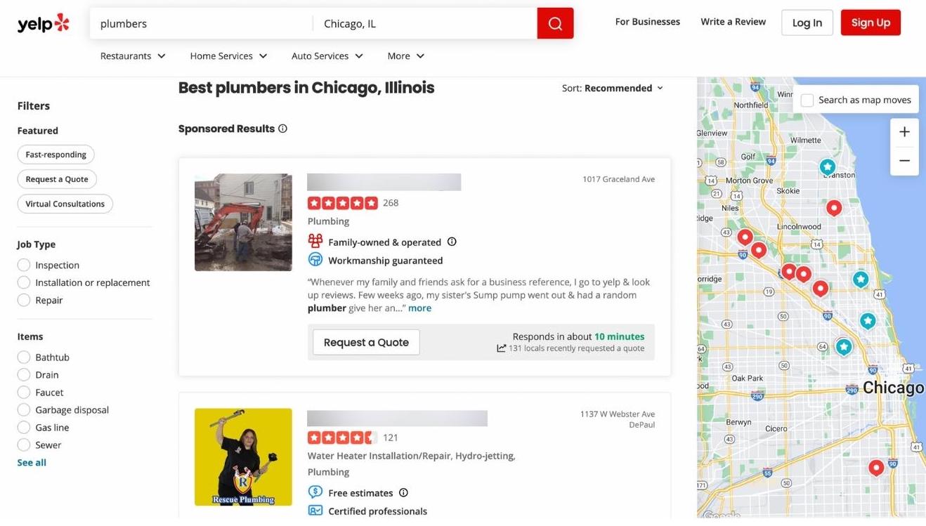 Kilka pierwszych wyników wyszukiwania hydraulików Chicago na Yelp