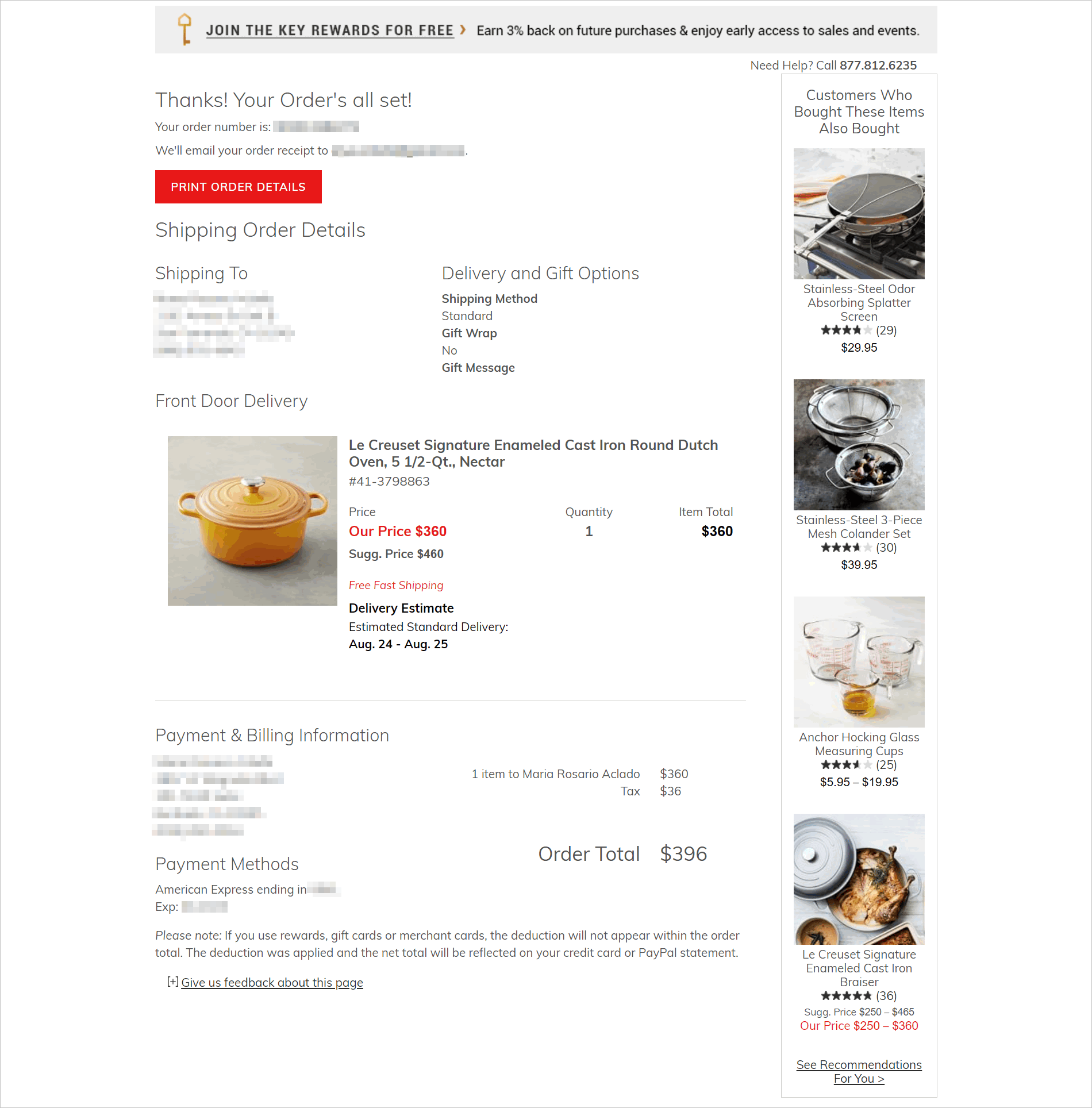 Thank You page with “Join the key rewards for free” messaging at the top and the order details below it. Other product recommendations are on the right side of the page.