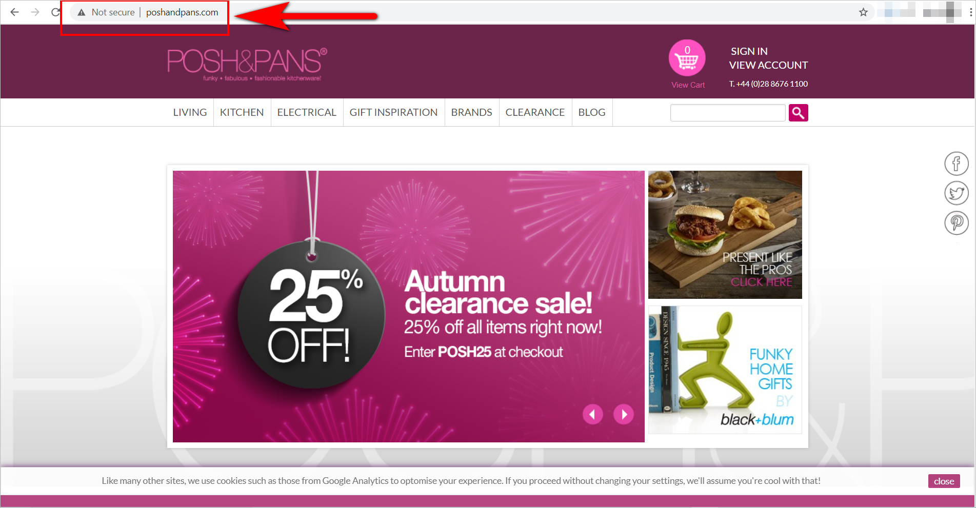 Conversion rate optimization for e-commerce example. The URL bar shows a warning symbol and message on poshandpans.com