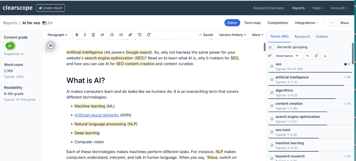 Affiche le rapport Clearscope pour l'optimisation SEO du contenu, fournit la qualité du contenu, le nombre de mots, les mots-clés à utiliser, etc.