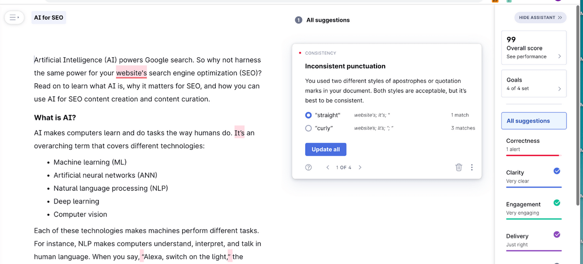 Montre comment des outils d'IA comme Grammarly vérifient automatiquement la grammaire, la ponctuation et le style d'écriture