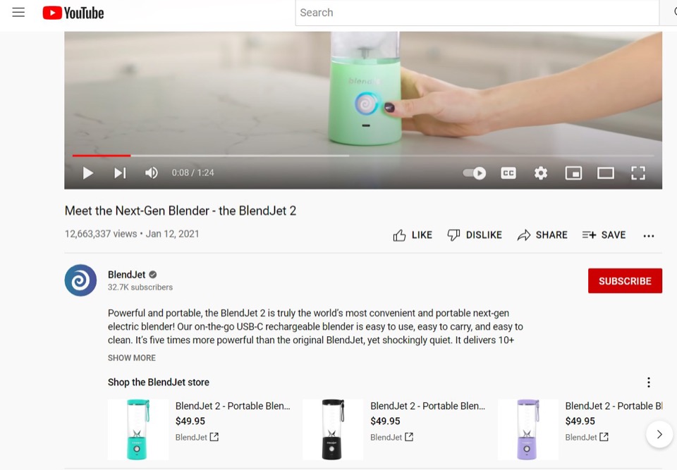 YouTube'da bir blender için feed içi reklam