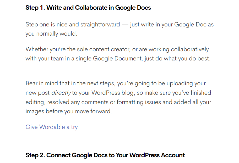 CTA vers Wordable dans le guide d'exportation de Google Docs