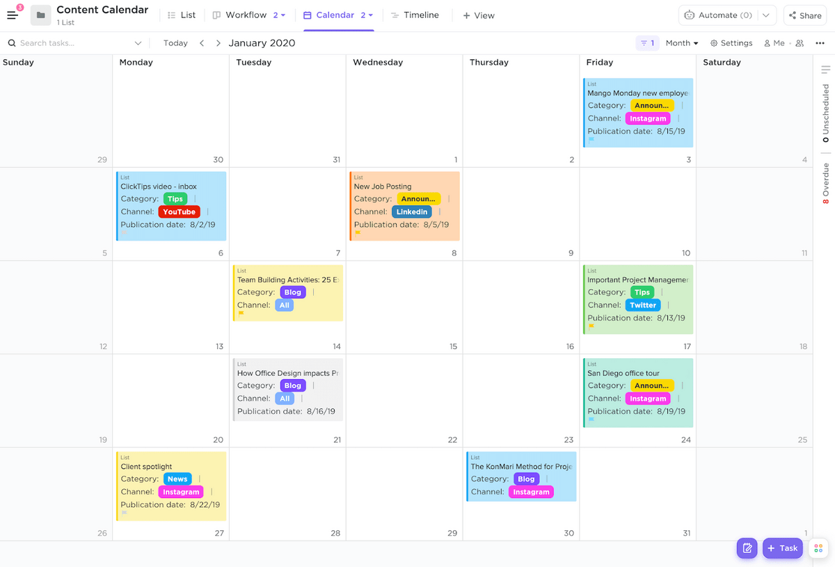 calendrier de contenu clickup