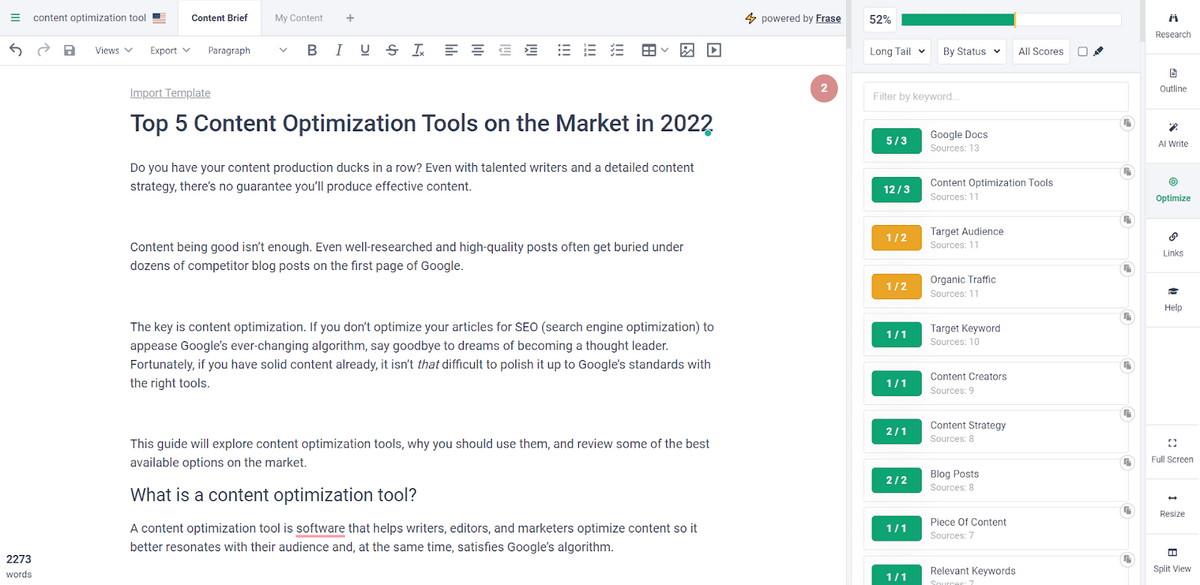 Fraze içerik optimizasyonu panosunun ekran görüntüsü