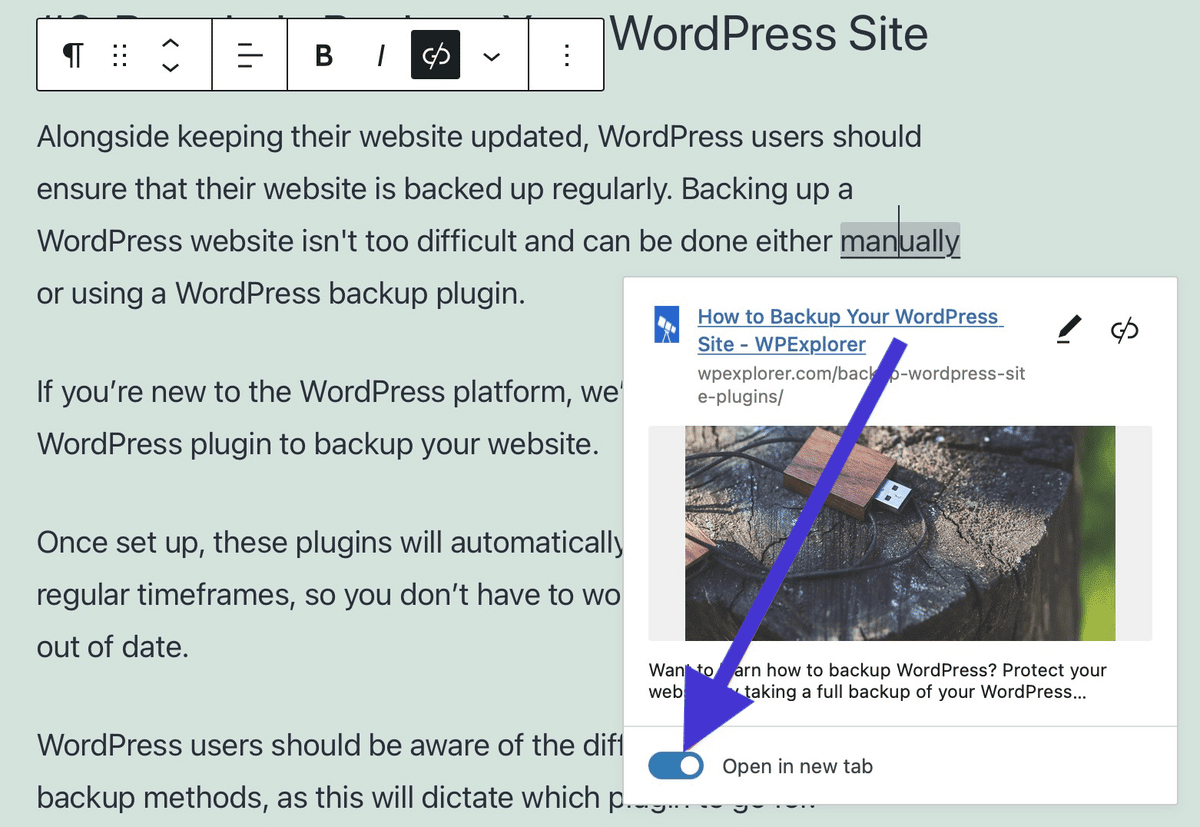 Capture d'écran montrant l'édition manuelle des liens WordPress