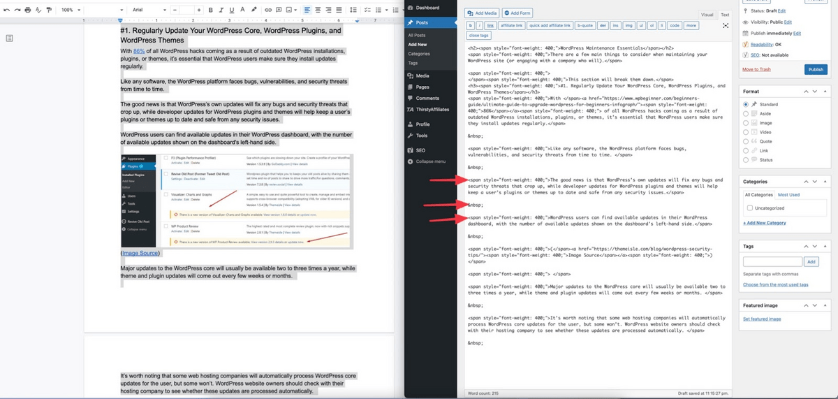 Capture d'écran montrant du code supplémentaire dans WordPress après copie depuis Google doc