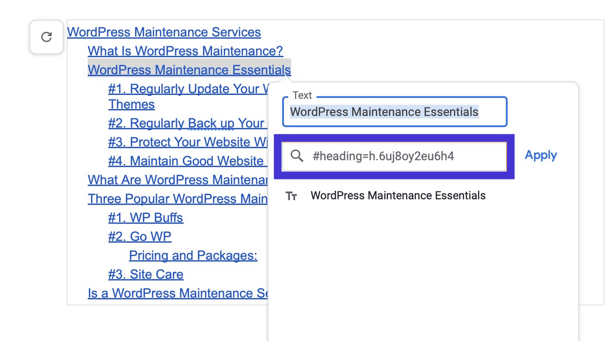 Capture d'écran montrant le code HTML de la table des matières dans Google Docs