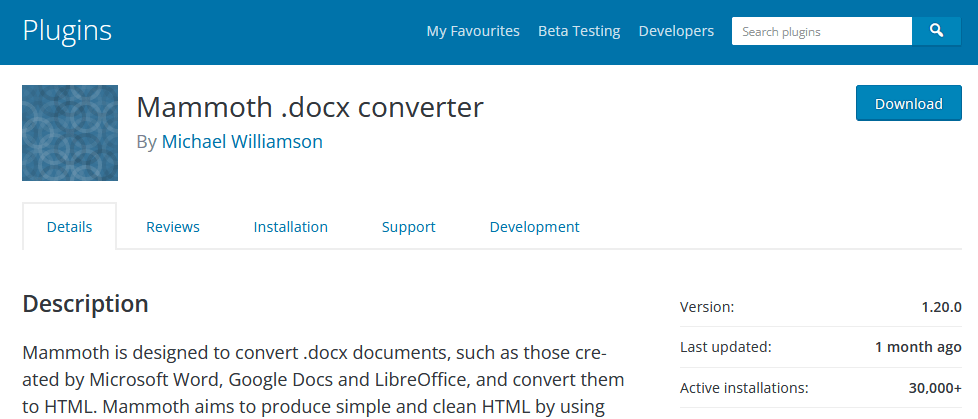 La page d'accueil du plug-in de conversion de documents Mammoth Converter.